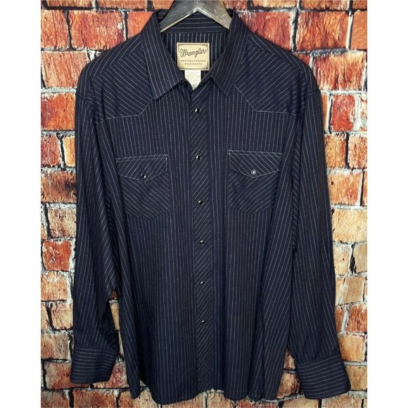 Vintage Wrangler Mens XXL 2XL Blue Striped Long Sleeve Pearl Snaps Western Shirt - Picture 2 of 4